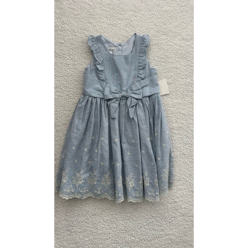 NEW Girls Sleeveless Light Blue Dress w/ White Embroidered Flowers Size 6 Ruffle